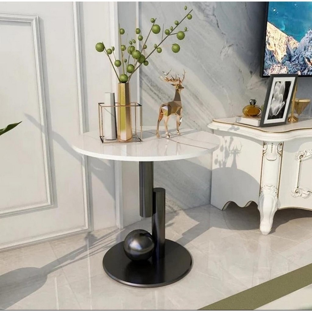 Metal and Marble Wood Side Table Black and White - 40x55 cm