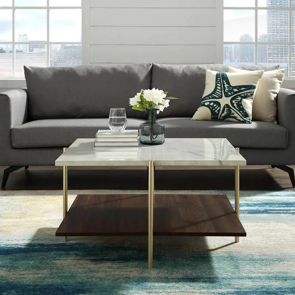 Marble Wood and Iron Coffee Table Multi color - 100x100x50 cm