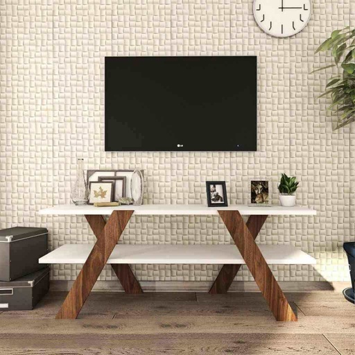 [Batch 9001002] طاولة تلفاز خشب ام دي اف أبيض وبني - 150×30×50 سم
