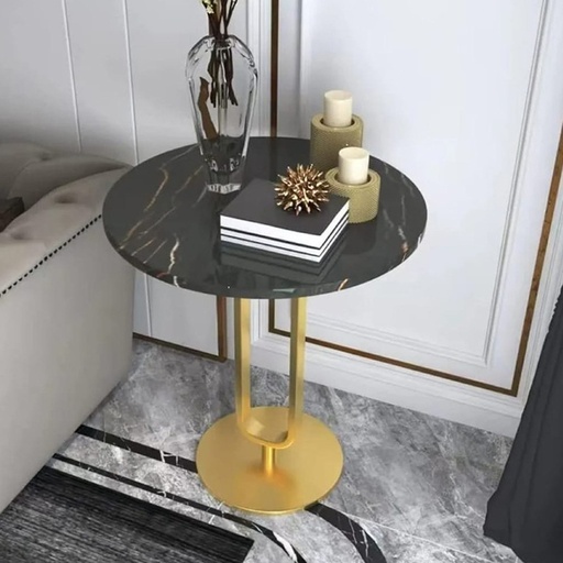 [Batch 9001003] طاولة جانبية حديد وخشب رخامي وام دي اف اسود وذهبي - 40×40×60 سم