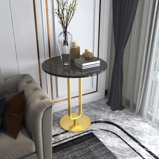 [Batch 9001003] Iron and Alternative Marble Side Table Black and Gold - 40x40x60 cm