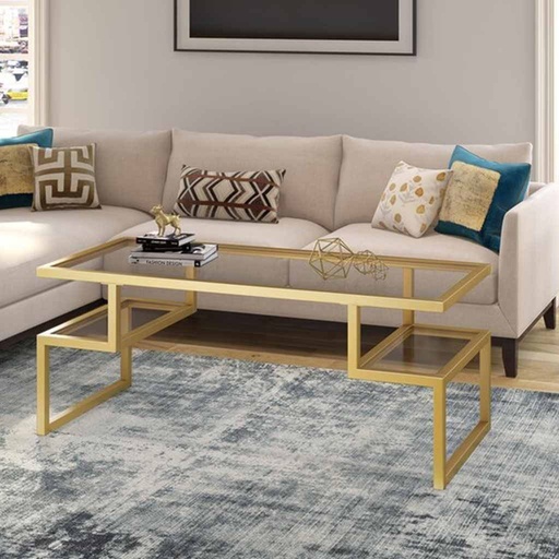 [Batch 9001003] Iron and Transparent Glass Coffee Table Gold and Brown - 120x60x45 cm