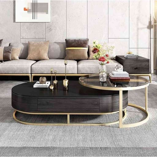 [OAK30] Coffee Tables Set - 2 Pieces - Brown & Gold 