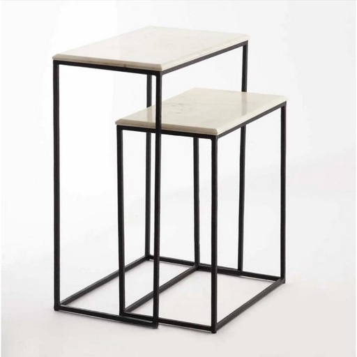 [OAKL0987] Metal and Marble wood Side Table Set 2 Pieces - Black and White