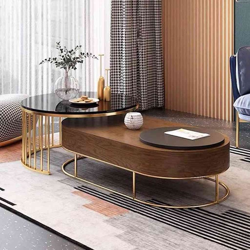 [OAK200] Coffee Tables Set - 2 Pieces - Brown & Gold 