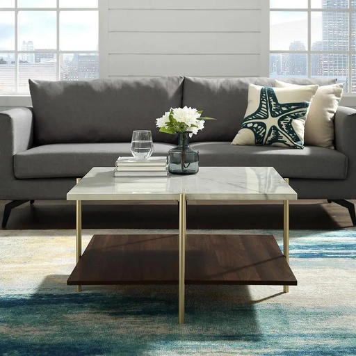 [OAKLY209] Marble Wood and Iron Coffee Table Multi color - 100x100x50 cm