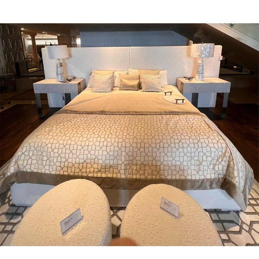 [HAPBED1098] Swedish Malaysian Wood and Linen with Iron Bedroom Set 3 pieces Beige and Grey
